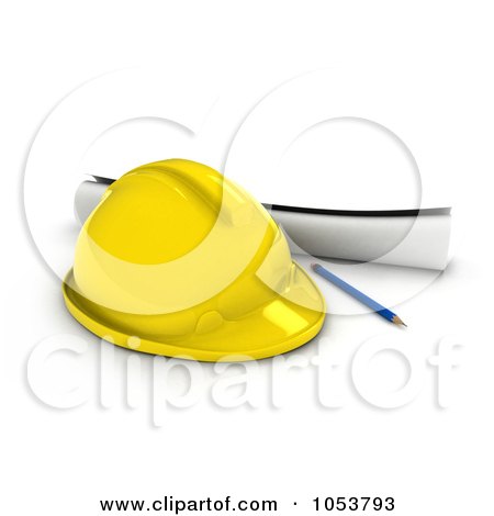 Royalty-Free 3d Clip Art Illustration of a 3d Hard Hat, Pencil And Blue Prints by BNP Design Studio