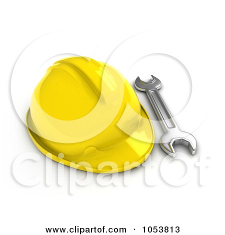 Royalty-Free 3d Clip Art Illustration of a 3d Wrench By A Hard Hat by BNP Design Studio