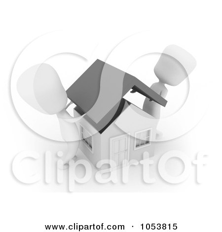 Royalty-Free 3d Clip Art Illustration of 3d Ivory White Men Putting A Roof On A House by BNP Design Studio