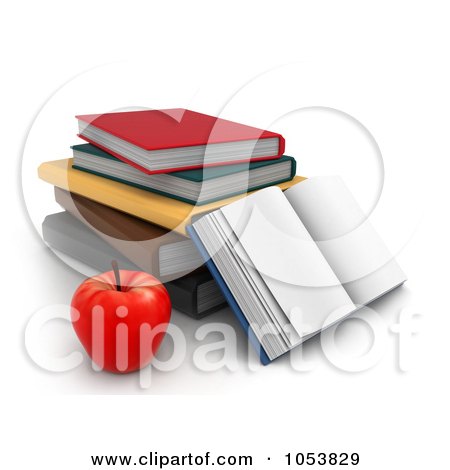 Royalty-Free 3d Clip Art Illustration of a 3d Apple By A Stack Of And An Open Book by BNP Design Studio