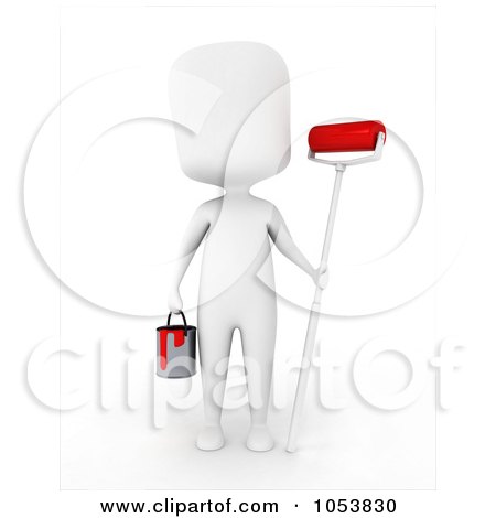 Royalty-Free 3d Clip Art Illustration of a 3d Ivory White Man Holding A Paint Roller And Can by BNP Design Studio