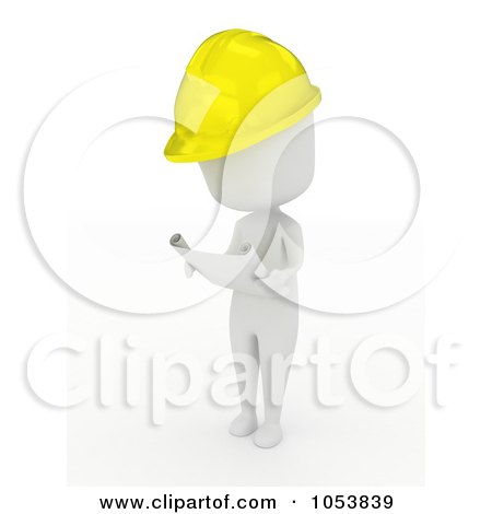 Royalty-Free 3d Clip Art Illustration of a 3d Ivory White Man Construction Worker Reading Blueprints by BNP Design Studio
