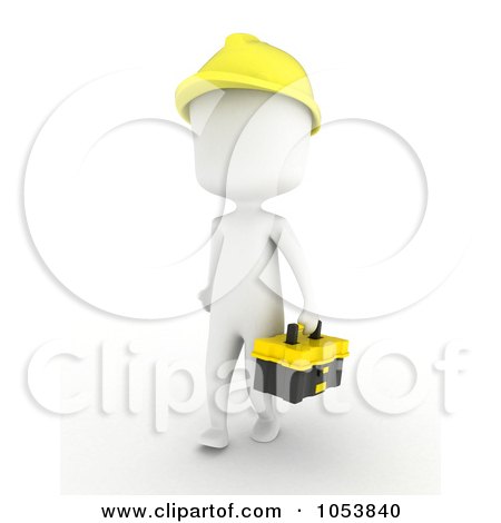 Royalty-Free 3d Clip Art Illustration of a 3d Ivory White Man Construction Worker Carrying A Tool Box by BNP Design Studio