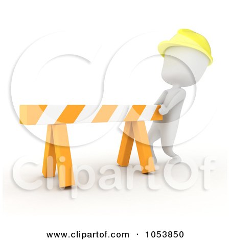 Royalty-Free 3d Clip Art Illustration of a 3d Ivory White Man Construction Worker Moving A Blocade by BNP Design Studio