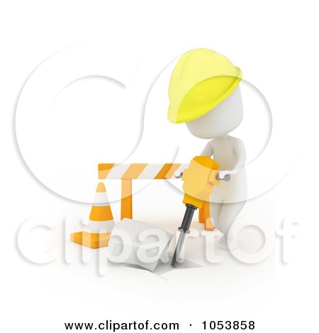 Royalty-Free 3d Clip Art Illustration of a 3d Ivory White Man Construction Worker Using A Jackhammer by BNP Design Studio