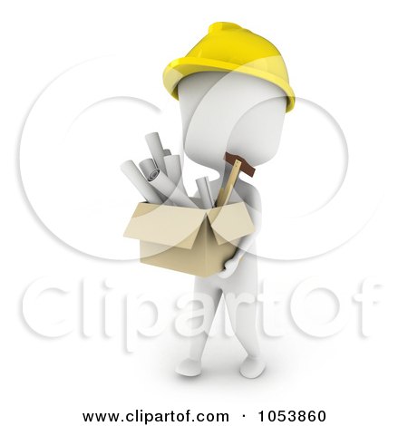 Royalty-Free 3d Clip Art Illustration of a 3d Ivory White Man Architect Carrying A Box Of Blueprints by BNP Design Studio