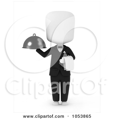 Royalty-Free 3d Clip Art Illustration of a 3d Ivory White Man Waiter Holding A Platter by BNP Design Studio