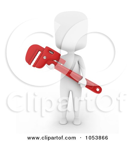Royalty-Free 3d Clip Art Illustration of a 3d Ivory White Man Plumber Holding A Monkey Wrench by BNP Design Studio
