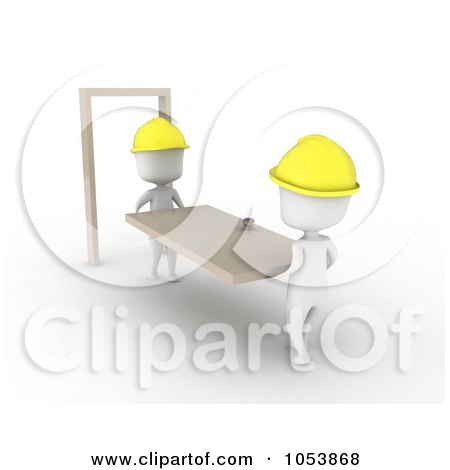 Royalty-Free 3d Clip Art Illustration of a 3d Ivory White Man Construction Worker Carrying A Door by BNP Design Studio
