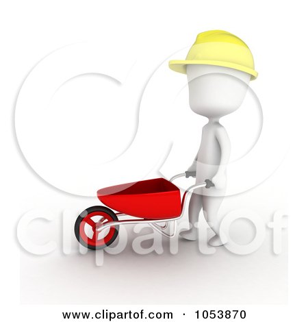 Royalty-Free 3d Clip Art Illustration of a 3d Ivory White Man Construction Worker Pushing A Wheel Barrow by BNP Design Studio