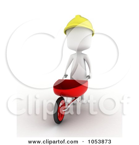 Royalty-Free 3d Clip Art Illustration of a 3d Ivory White Man Construction Worker Pushing A Wheelbarrow by BNP Design Studio