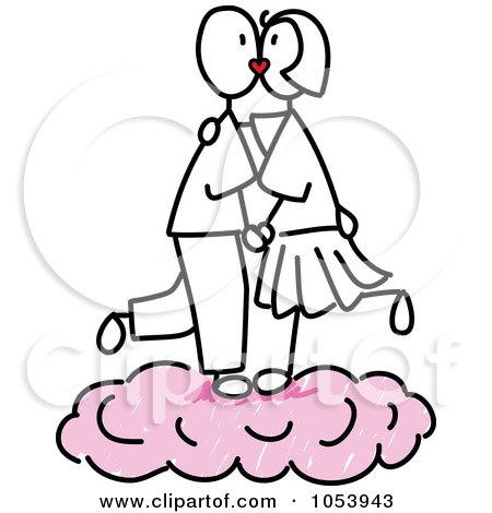 Royalty-Free Vector Clip Art Illustration of a Stick Couple Kissing On A Pink Cloud by Frog974