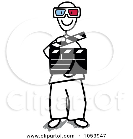 Royalty-Free Vector Clip Art Illustration of a Stick Man Holding A Clapper And Wearing 3d Glasses by Frog974