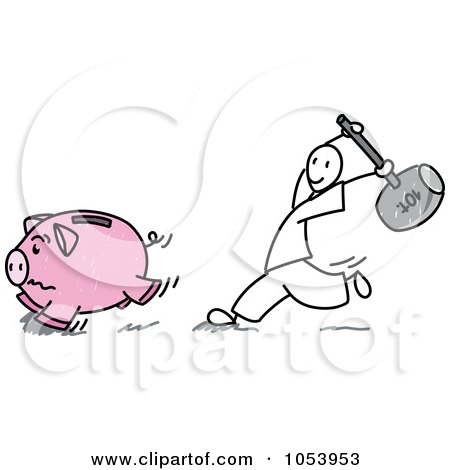 Royalty-Free Vector Clip Art Illustration of a Stick Man Chasing A Piggy Bank by Frog974