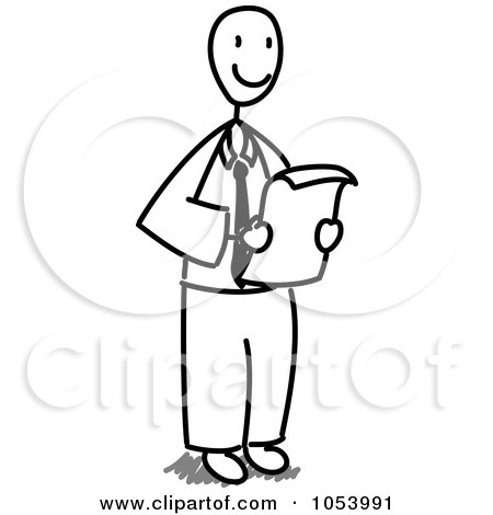 Royalty-Free Vector Clip Art Illustration of a Stick Businessman Reading A Document by Frog974