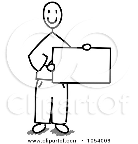 Royalty-Free Vector Clip Art Illustration of a Grayscale Stick Man Holding a Blank Sign by Frog974