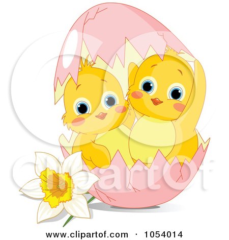 Royalty-Free Vector Clip Art Illustration of Two Cute Chicks In A Pink Easter Egg By A Daffodil by Pushkin