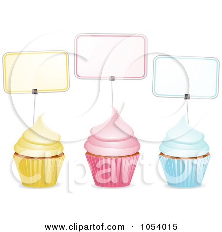 Royalty-Free Vector Clip Art Illustration of Three Yellow, Pink And Blue Cupcakes With Labels by elaineitalia
