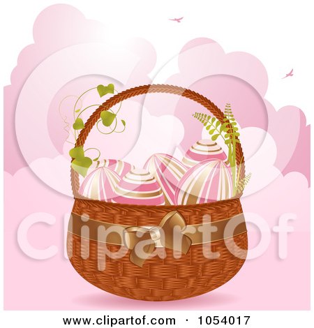 Royalty-Free Vector Clip Art Illustration of Gold And Pink Easter Eggs In A Basket Over Pink Clouds by elaineitalia