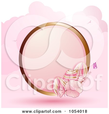 Royalty-Free Vector Clip Art Illustration of a Gold Circle Frame With Easter Eggs And Flowers Over Pink Clouds by elaineitalia