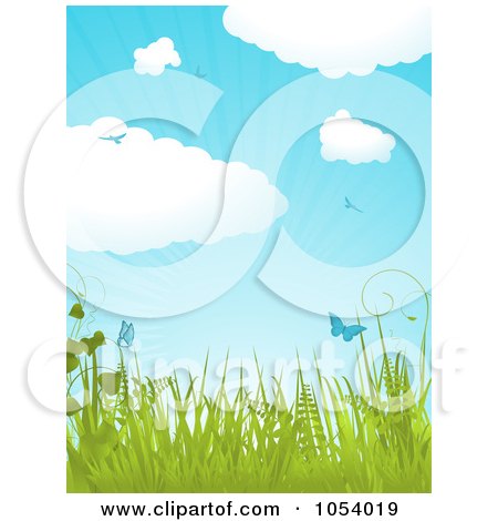 Royalty-Free Vector Clip Art Illustration of a Vertical Spring Background With Puffy Clouds, Birds, Butterflies, Plants And Rays by elaineitalia