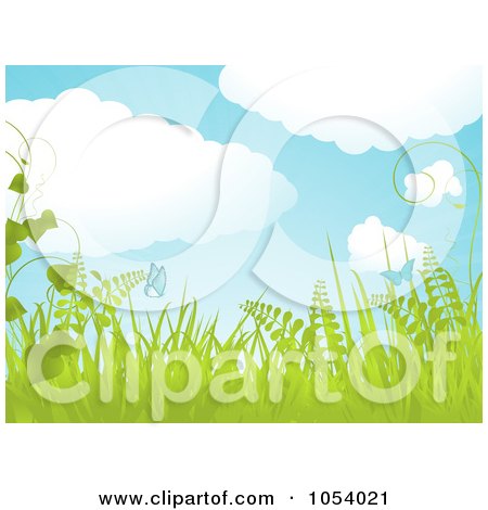 Royalty-Free Vector Clip Art Illustration of a Horizontal Spring Background With Puffy Clouds, Birds, Butterflies And Plants by elaineitalia