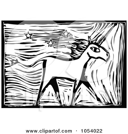 Royalty-Free Vector Clip Art Illustration of a Black And White Woodcut Styled Unicorn And Stars by xunantunich