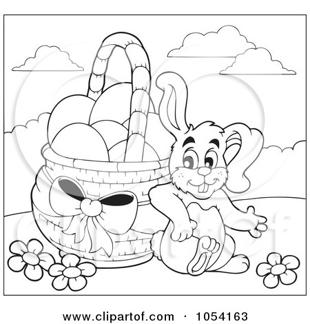 Royalty-Free Vector Clip Art Illustration of a Coloring Page Outline Of A Bunny Leaning Against An Easter Basket by visekart