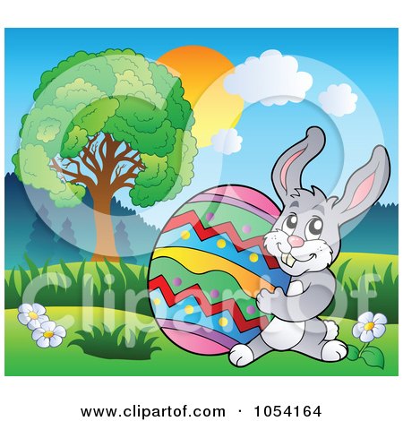 Royalty-Free Vector Clip Art Illustration of a Bunny Carrying An easter Egg In A Landscape by visekart