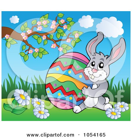 Royalty-Free Vector Clip Art Illustration of a Bunny Carrying An easter Egg Under A Tree by visekart