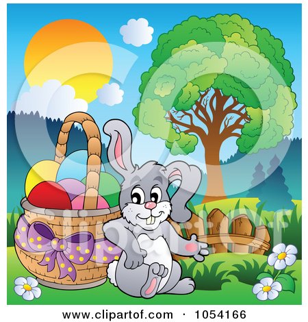 Royalty-Free Vector Clip Art Illustration of a Bunny Leaning Against An Easter Basket In A Landscape by visekart