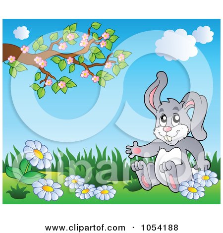 Royalty-Free Vector Clip Art Illustration of a Gray Rabbit Sitting In A Spring Landscape by visekart