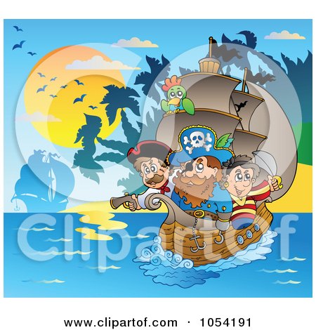 Royalty-Free Vector Clip Art Illustration of a Pirate Ship Near An Island At Sunset by visekart