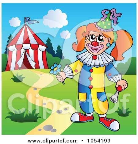 Royalty-Free Vector Clip Art Illustration of a Female Circus Clown By A Tent by visekart
