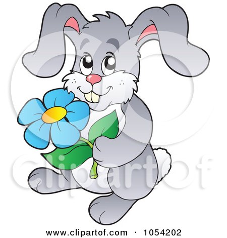 Royalty-Free Vector Clip Art Illustration of a Gray Rabbit Holdinng A Flower by visekart