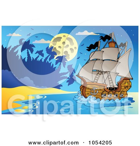 Royalty-Free Vector Clip Art Illustration of a Pirate Ship At Night - 3 by visekart