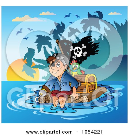 Royalty-Free Vector Clip Art Illustration of a Pirate With Treasure On A Raft by visekart