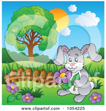 Royalty-Free Vector Clip Art Illustration of a Rabbit Picking Purple Flowers by visekart