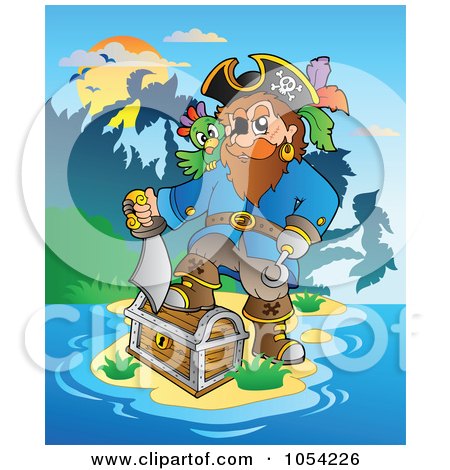Royalty-Free Vector Clip Art Illustration of a Pirate With Treasure On An Island by visekart