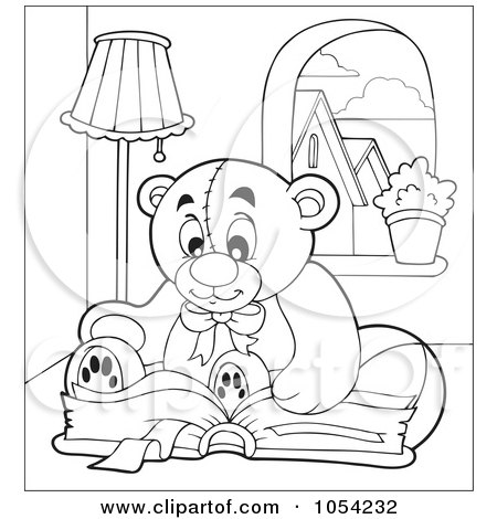 Royalty-Free Vector Clip Art Illustration of an Outline Of A Reading Teddy Bear by visekart