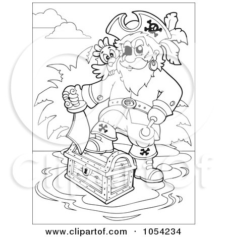 Royalty-Free Vector Clip Art Illustration of an Outline Of A Pirate Stepping On A Treasure Chest by visekart