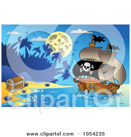 Royalty-Free Vector Clip Art Illustration of a Pirate Ship At Night - 1 by visekart