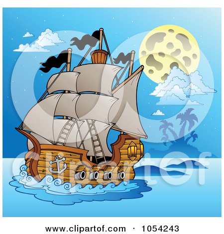 Royalty-Free Vector Clip Art Illustration of a Pirate Ship At Night - 4 by visekart