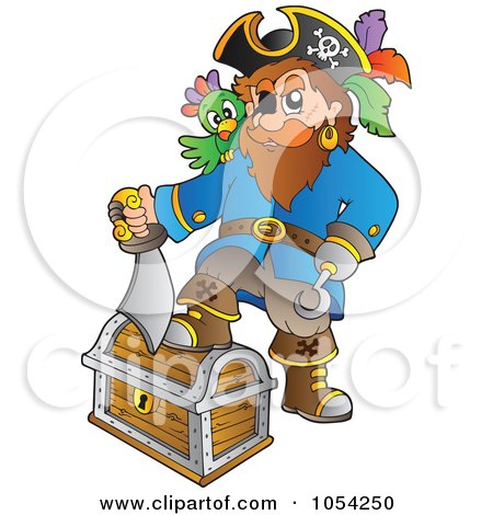 Royalty-Free Vector Clip Art Illustration of a Pirate Stepping On A Treasure Chest by visekart