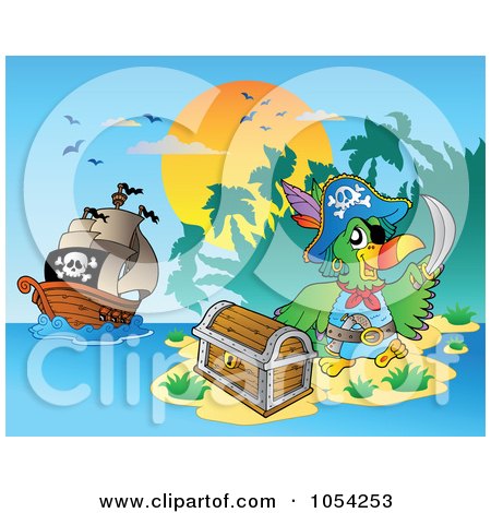 Royalty-Free Vector Clip Art Illustration of a Pirate Parrot With Treasure Near A Ship by visekart