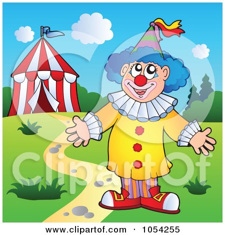 Royalty-Free Vector Clip Art Illustration of a Male Circus Clown By A Tent by visekart