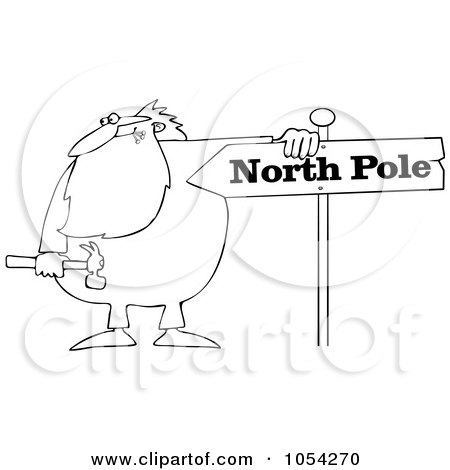 Royalty-Free Vector Clip Art Illustration of a Black And White Santa And North Pole Sign Outline by djart