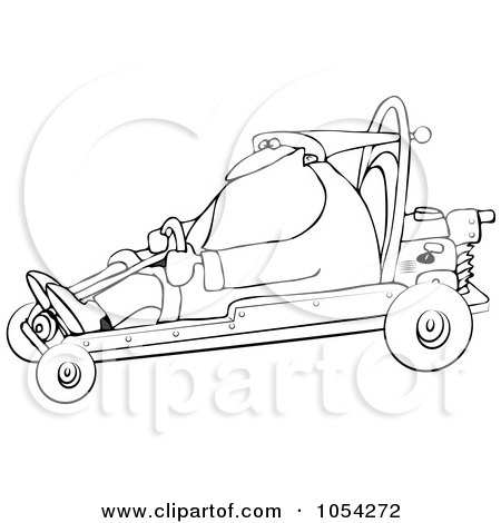 Royalty-Free Vector Clip Art Illustration of a Black And White Santa Driving A Go Kart Outline by djart