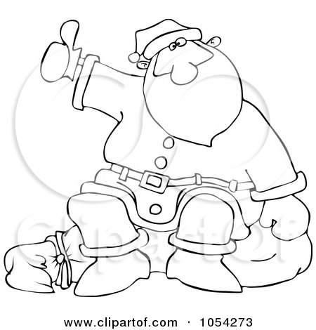 Royalty-Free Vector Clip Art Illustration of a Black And White Hitchhiking Santa Outline by djart