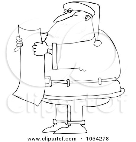 Royalty-Free Vector Clip Art Illustration of a Black And White Santa Reading A List Outline by djart